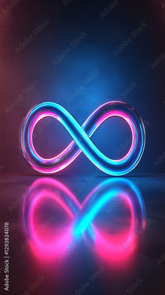 Poster neon infinity symbol with pink and blue glow reflecting on shiny surface. futuristic design and endl