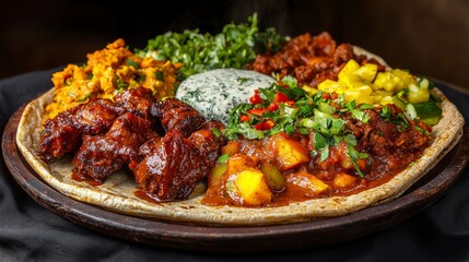 Fototapeta premium Ethiopian cultural feast injera platter with assortment ethiopia food traditional close-up culinary delight