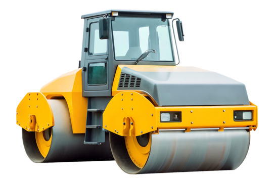 Yellow road roller, heavy construction equipment isolated on white background.