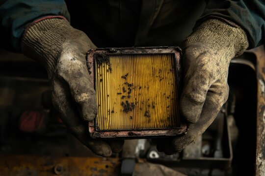 A mechanic in gloves examines a filthy blocked air filter above a car engine while performing maintenance