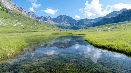 Alpine Lake Reflection, Mountain Valley, Sunny Day, Peaceful Landscape, Nature Photography