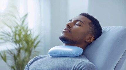 Hypertension patient resting with a cooling gel pad on the neck. Featuring relaxation and relief