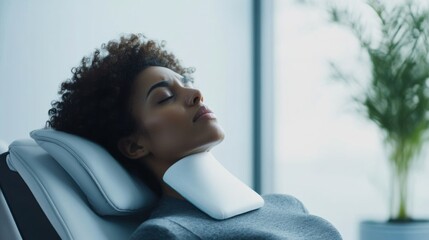 Hypertension patient resting with a cooling gel pad on the neck. Featuring relaxation and relief
