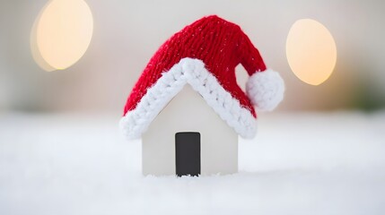 Small White House with Red Santa Hat Surrounded by Snow in a Winter Wonderland Setting