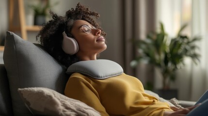 Hypertension patient resting with a heating pad in a minimalist living room. Featuring stress relief and comfort