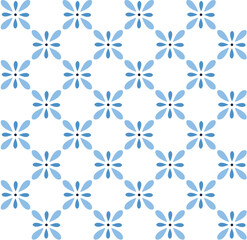 Vector repeating pattern of stylized blue flowers set against a crisp white background. Illustration.