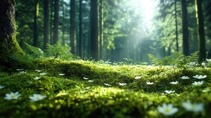 Sunlit forest floor, moss, flowers, peaceful background, nature