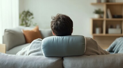 Hypertension patient resting with a heating pad in a minimalist living room. Featuring stress relief and comfort