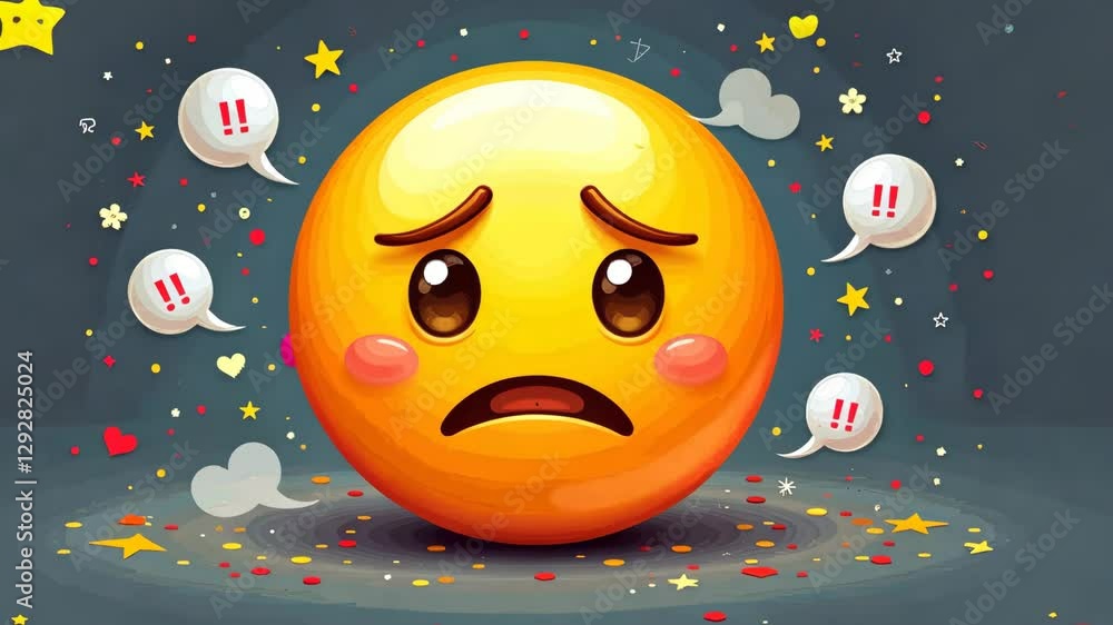 Poster A yellow face with a frown and a red heart on the left side. There are two red exclamation points on the right side