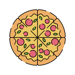 Pizza Icon Flat design, round pizza with toppings, great for pizzeria branding and advertising.