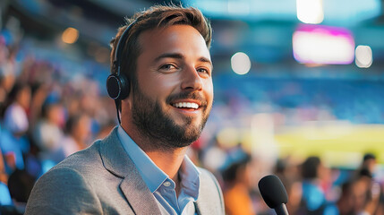 スタジアムで実況をする男性リポーターのイメージ