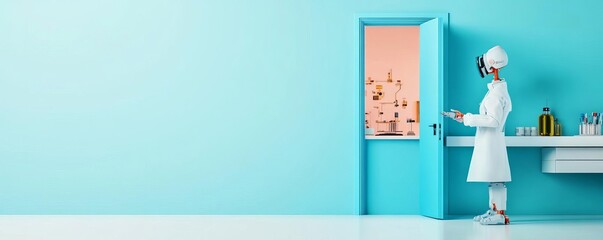 Cybernetic laboratory with an open blue door, futuristic robotic experiments inside