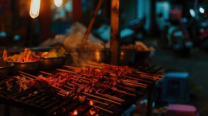Night market street food stall grilling skewers of marinated meat over charcoal fire.