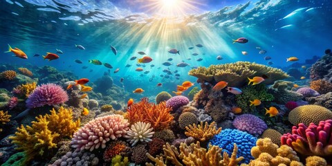 Colorful Coral Reef Underwater Scene with Sunlight and Fish