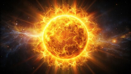 Fototapeta premium Solar flare radiates vibrant yellow-orange light on a dark canvas, illuminating the surrounding space with an otherworldly glow, cosmic, black background