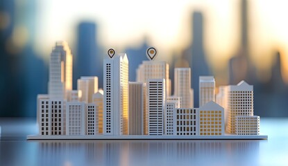 City model with location markers at sunrise
