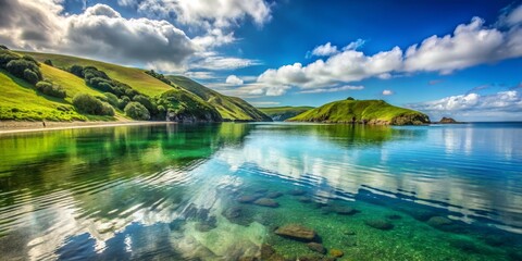 Fototapeta premium Serene Coastal Landscape with Clear Water and Lush Green Hills