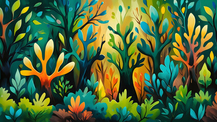 A vibrant, stylized forest scene with trees in shades of green, blue, orange, and yellow, creating a whimsical and colorful landscape with a touch of folk art.