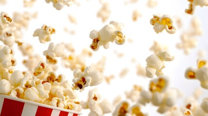 Flying Popcorn Pieces Creating Dynamic Motion Over Container Against Minimalist White Background