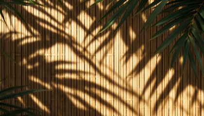 Obraz premium A bamboo wall featuring a woven pattern, with palm tree shadows creating a tropical summer ambiance