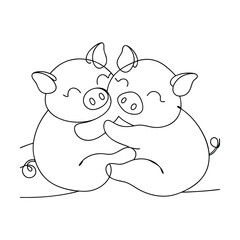 Adorable Couple of Hugging Cartoon Pigs OneLine Drawing