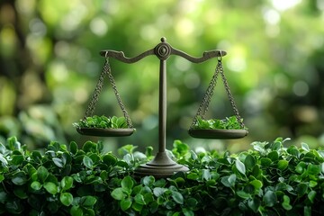 Balanced Scale in Lush Green Setting Symbolizing Ecological Law and Ethical Decision Making