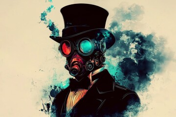 Digital illustration of a man wearing a top hat and mask in a steampunk style.