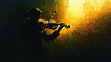 Fototapeta premium A solo violinist, enveloped in emotion and bathed in soft light, performs in a tranquil studio, capturing the essence of classical music.