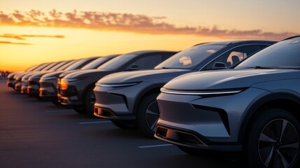 Naklejka premium Rows of electric SUVs fill the parking lot of a car dealership. 