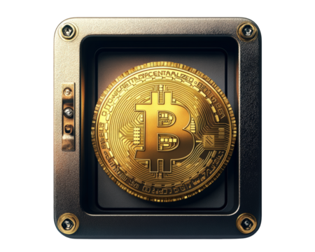 cryptocurrency cold storage device featuring secure PIN, showcasing golden Bitcoin. This represents digital currency security and investment