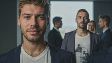Fototapeta premium Light-skinned man with short spiky blond hair and trimmed beard, wearing navy blazer over white shirt, standing in modern office. Blurred colleagues in suits and casual attire Image conveys teamwork