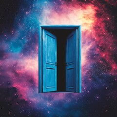 Floating open blue door in deep space, cosmic nebula swirling around, sci-fi concept