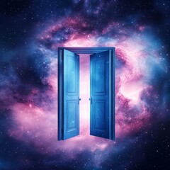 Floating open blue door in deep space, cosmic nebula swirling around, sci-fi concept