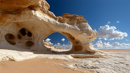 Desert arch rock formation, sunny day, white sand, blue sky, travel photography