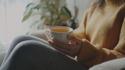 Hypertension patient sipping herbal tea in a cozy lounge. Featuring relaxation and stress relief