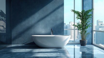 Empty luxurious gray and blue bathroom interior with shiny floor, bathtub, sink, faucet, mirror and window. Modern indoors apartment architecture, nobody in hotel apartment inside , 8k image