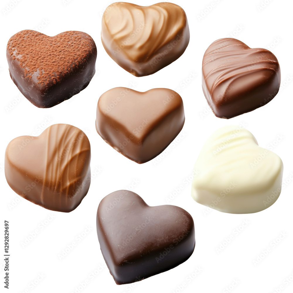 Poster assorted chocolates in various shapes and flavors perfectly arranged on a rustic wooden surface for 