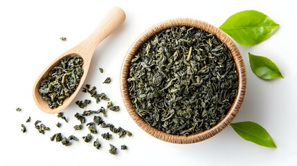 Top view of organic green tea with leaf