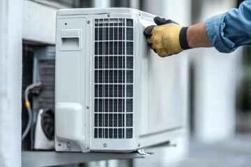 A repair person removes the front cover of the outdoor air conditioner compressor