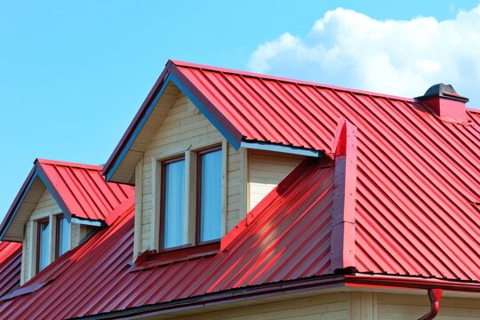 A red dormer roof stands against a blue sky featuring decorative metal and stainless steel Rooftop with empty space for text