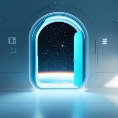 Futuristic space station with an open blue door, starlit expanse beyond