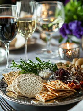 Close-up shots of a Passover Seder plate featuring traditional foods like matzah, charoset, and bitter herbs arranged beautifully on an elegant table for the celebration.