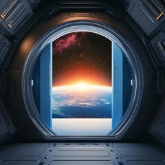 Futuristic spaceship airlock with an open blue door, infinite galaxy visible beyond