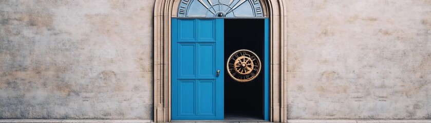 Giant clock tower with an open blue door, intricate moving gears visible inside