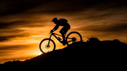 Obraz premium Dramatic Silhouette of Cyclist Riding on Hill During Captivating Sunrise with Breathtaking Sky Scenery