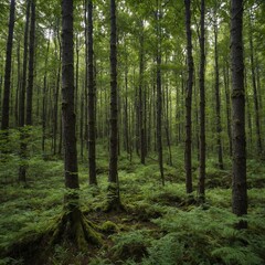 Obraz premium Grünes Wald Panorama im Sommer: Eine üppige, grüne Waldlandschaft an einem Sommertag. Hohe Bäume mit dichtem, leuchtend grünem Laub stehen unter einem klaren blauen Himmel.