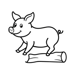 Cute Cartoon Piglet Jumping Over Log, Simple Line Drawing