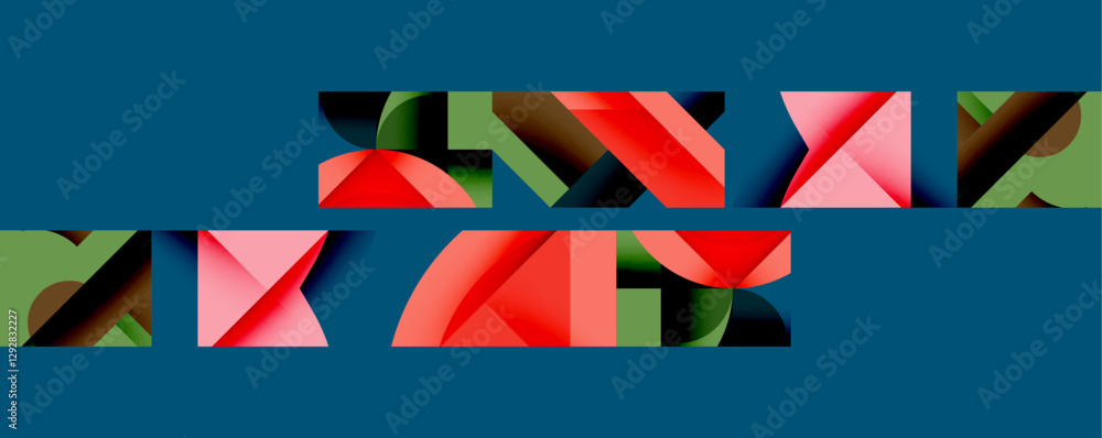 Poster abstract geometric composition with interlocking circular and angular shapes, featuring smooth gradi