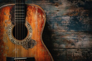Naklejka premium A rustic acoustic guitar with scratches hangs on a wooden wall featuring an ornate rosette around the sound hole that enhances its vintage charm