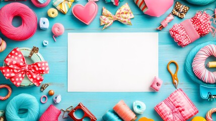 Obraz premium Colorful Flat Lay of Decorative Stationery and Accessories Surrounding Blank Space on Blue Surface